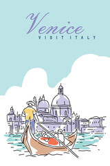 Venice Italy poster retro style. Grand Canal, gondoliers, architecture, vintage cards. Line abstract vector illustration postcard