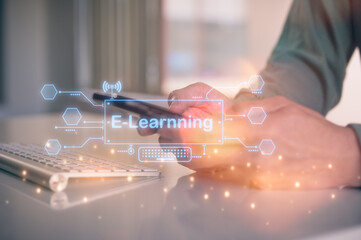 Distance learning theme with person using a keyboard computer and smartphone studying online courses