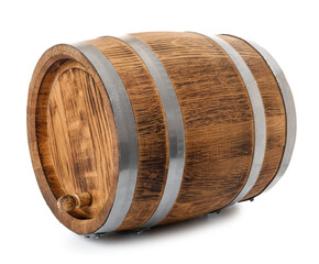 Oak barrel with metal hoops isolated on white background