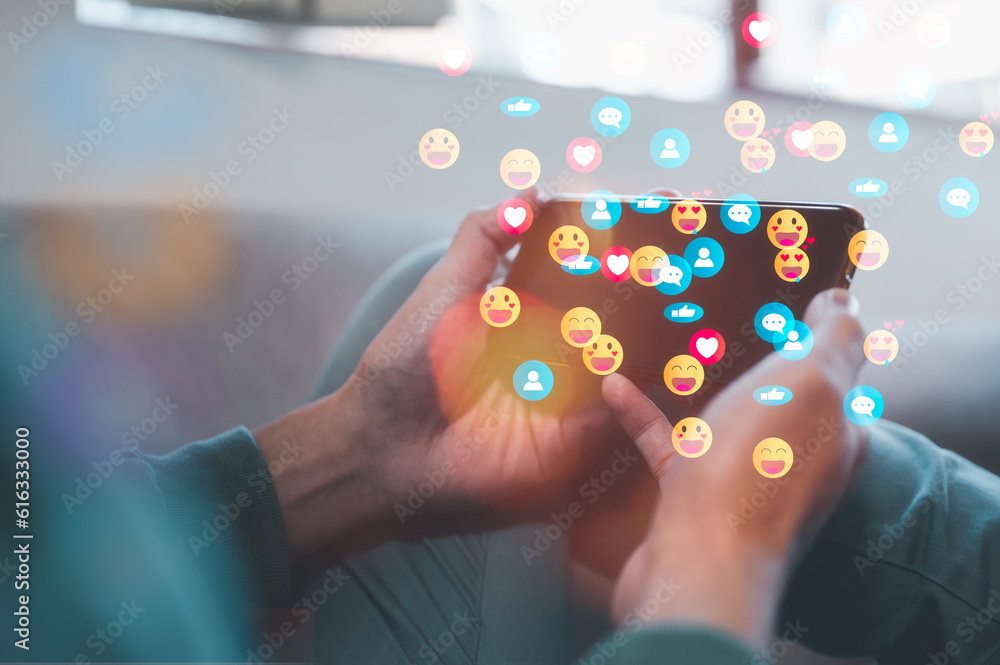 Poster social media platform internet network concept, man using smartphone sending receiving social media 