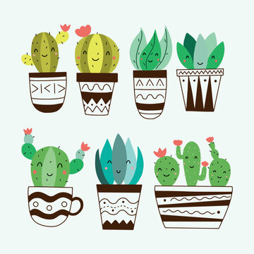 Set of cute houseplants in pots. Doodle style vector illustration isolated on white background for your design