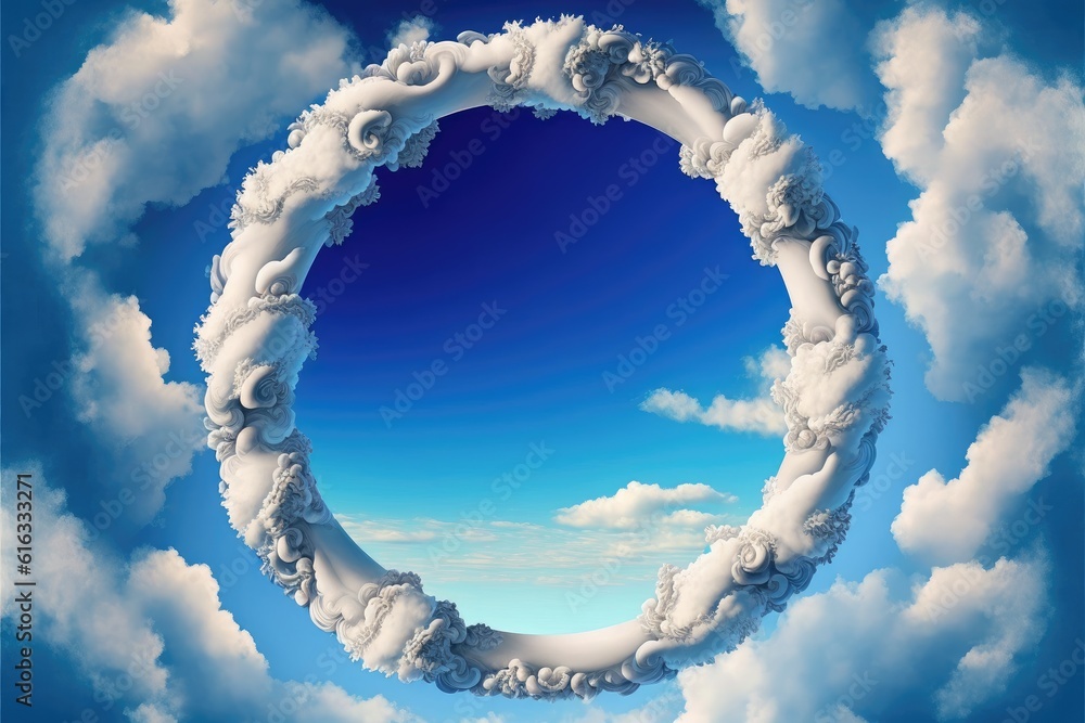 Poster frame made with covered white cloud in the sky in circle shape. concept of luxurious fantasy window.