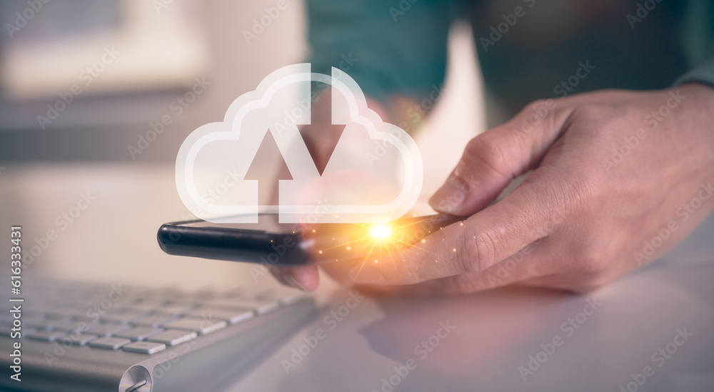 Aufkleber cloud technology internet network concept, man using smartphone searching or working on social onlin