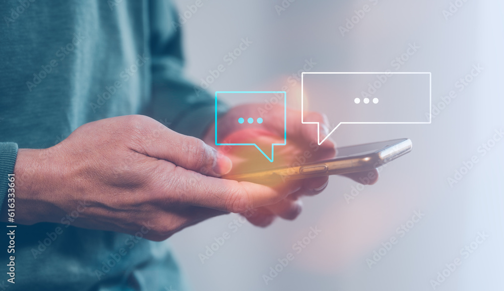 Aufkleber social online concept, man using smartphone chatting sending and reading text messages from internet