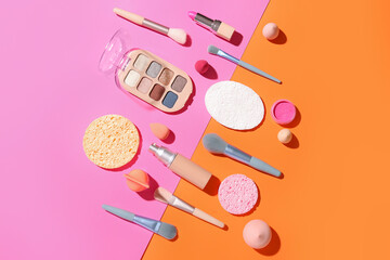 Decorative cosmetics with makeup brushes and sponges on color background