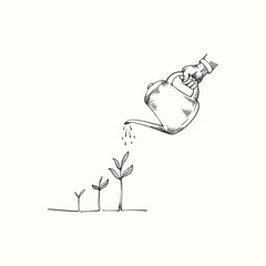 hand holding watering spray plant tree growth illustration