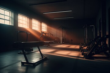 Equipment And Machines At The Modern Gym Room Fitness Center. interior with equipment. bodybuilding concept background. Crossfit .functional training. Practicing powerlifting. Generative AI.