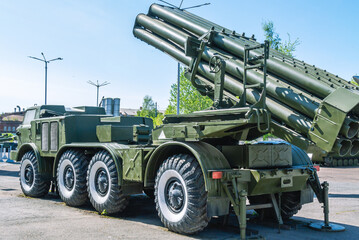 Soviet and Russian multiple rocket launchers. A combat vehicle on the chassis of a truck. Rear view...