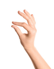 Woman holding sun on white background