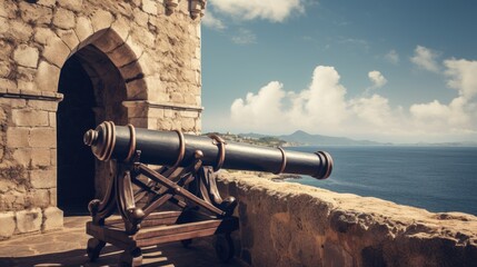 Fototapeta na wymiar A majestic vintage cannon positioned on the sturdy walls of a fortress, commanding a view of the vast sea. Generative AI