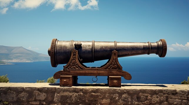 A majestic vintage cannon positioned on the sturdy walls of a fortress, commanding a view of the vast sea. Generative AI