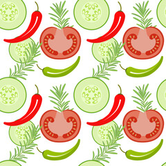 Elegant pattern for pickling vegetables - slices of cucumber, tomato, rosemary and hot pepper.