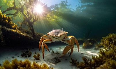 Underwater photograph of a beautiful mangrove crab in its habitat. Creating using generative AI tools - obrazy, fototapety, plakaty