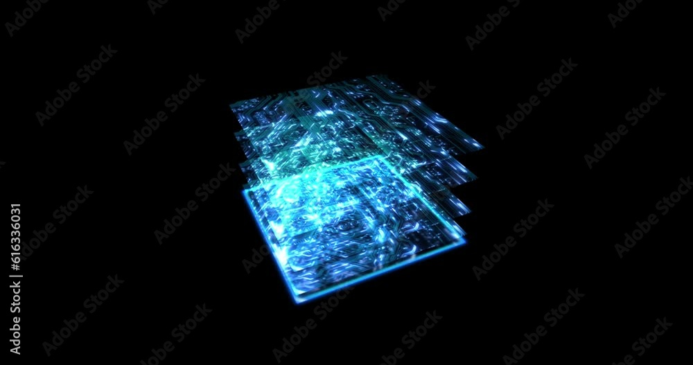 Aufkleber Hologram, ai and digital cpu for information technology, data storage or cloud computing. Future, microchip and 3d with virtual reality hardware on a dark background for cybersecurity or innovation