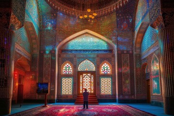 Fototapeta na wymiar Stunning Mosque with Intricate Geometric Patterns and Vibrant Colors Celebrating Eid Created with Generative AI