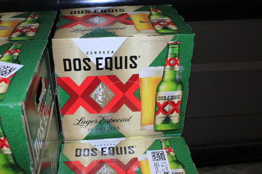 DOS EQUIS Lager Beer stacked in boxes 
