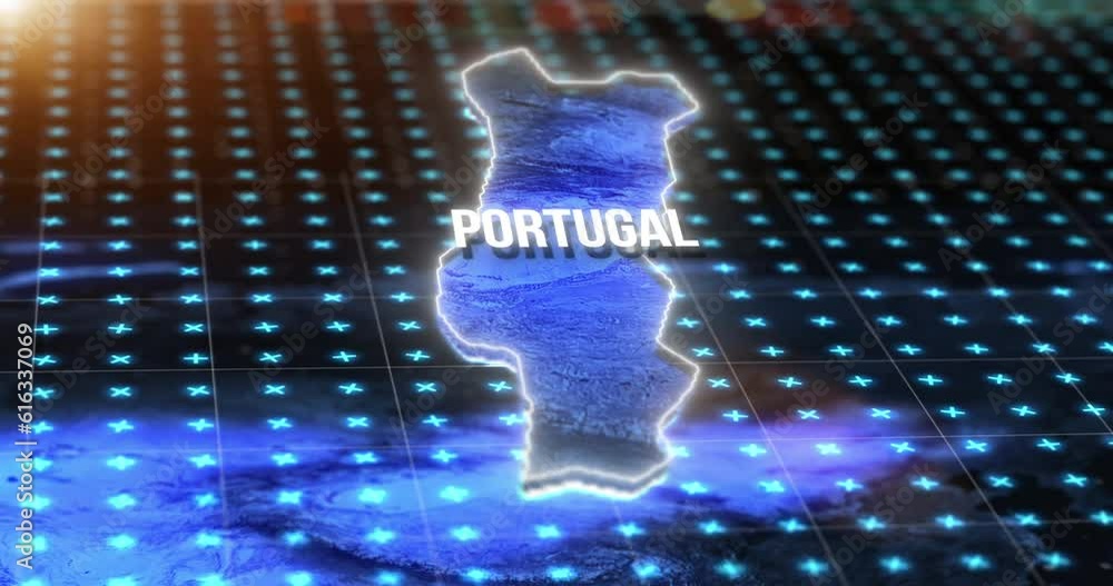 Poster Digital, world and portugal on an information technology or virtual map for global networking or connectivity. Future, data and grid for innovation, satellite or telecommunication on planet earth