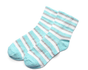 Pair of soft socks on white background