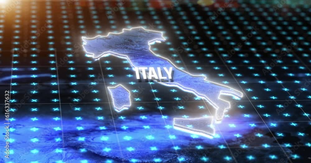 Leinwandbilder Digital map, country location and hologram of Italy with blue light, gps pin and 3d rendering. Technology, data and matrix of global position on radar, virtual reality or hud simulation of coordinate