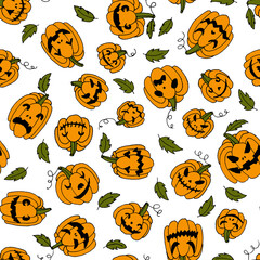Line art autumn holiday halloween seamless pattern with different orange pumpkins with creepy spooky eyes and smiles.Fall background in white color.Print cards, invitation, design elements.