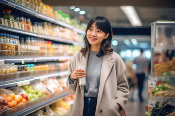 Asia woman smiling and shopping in the supermarket, food on shelf, Generative AI image.