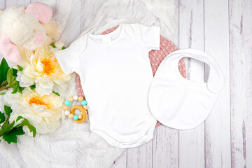 Baby romper bodysuit onesie and bib mockup. Pink pastel modern farmhouse theme SVG craft product...