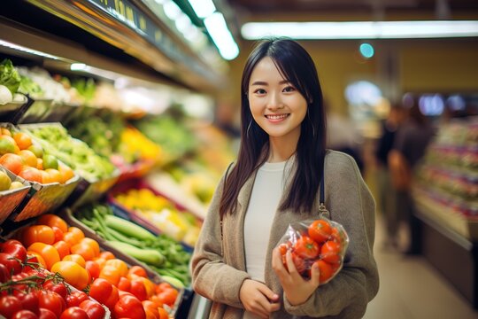 Asia girl smiling and shopping in the supermarket, fruit and vegetable on the shelf, Generative AI image.