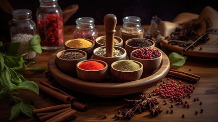 Fototapeta na wymiar Spices and herbs banner background. Variety of spices. Generative AI