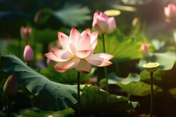 Obraz premium Gently pink lotus flower in natural habitat. Generative AI