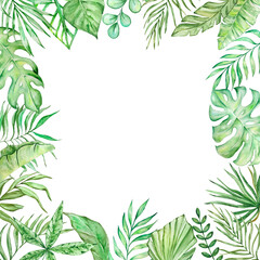 Frame square with watercolor tropical leaves