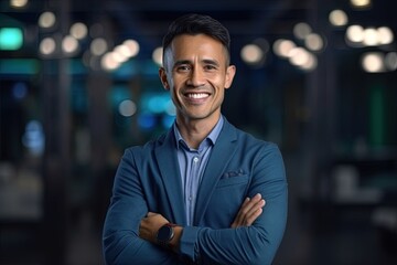 Fototapeta premium Portrait of a happy asian businessman smiling at the camera.Generative Ai