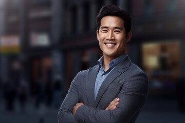 Obraz premium Portrait of a happy asian businessman smiling at the camera.Generative Ai