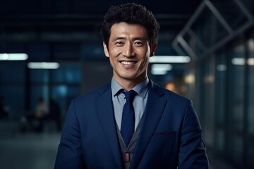 Fototapeta premium Portrait of a happy asian businessman smiling at the camera.Generative Ai