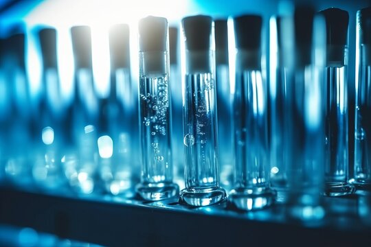 Laboratory Pipette Filled With Blue Chemical Solution And Emerging Drop Of Liquid Over Row Of Empty Glass Test Tubes For A Chemistry Experiment In A Science Research Lab - Generative AI