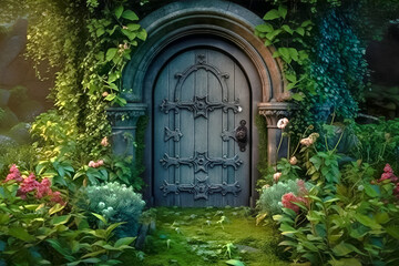 Mystery vintage door in a forest with flowers. AI generative