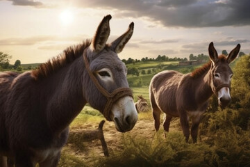 Obraz na płótnie Canvas donkeys on the meadow