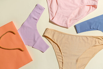Set of stylish female panties and paper bag on light background, closeup