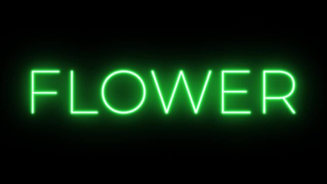 Flickering neon green glowing flower sign animated black background