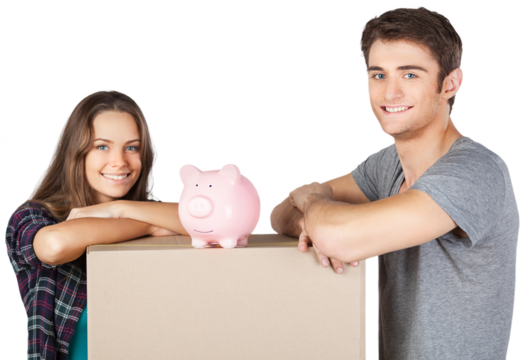 Couple moving into new house with box and piggy bank