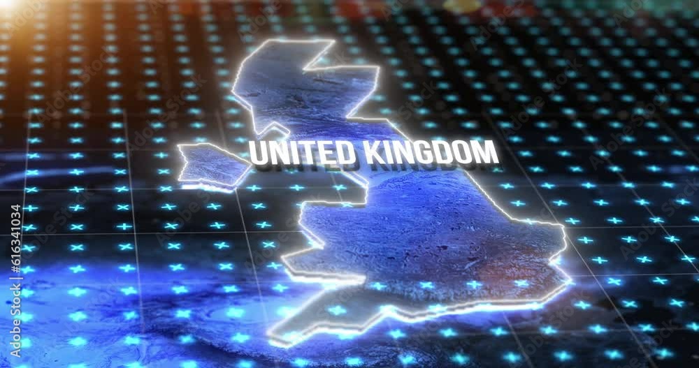 Poster Digital, world and united kingdom on an information technology or virtual map for global networking or connectivity. Future, data and grid for innovation, cloud computing or communication on earth