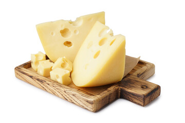 Pieces of Swiss cheese and wooden board on white background
