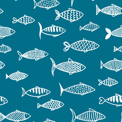 Hand drawn line art seamless pattern with many white lined different fish on blue background.Print cards,invitations,design
