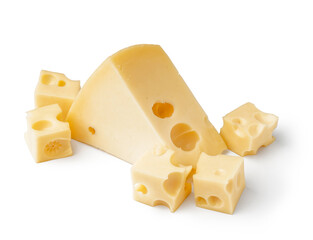 Piece and cubes of Swiss cheese on white background