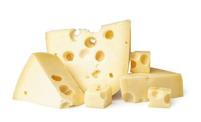 Pieces and cubes of Swiss cheese on white background