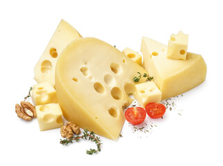 Pieces of Swiss cheese with thyme, tomatoes cherry and walnut on white background