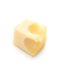 Cube of tasty Swiss cheese isolated on white background