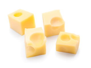 Cubes of tasty Swiss cheese isolated on white background