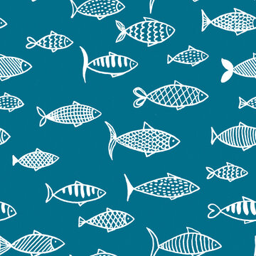 Hand drawn line art seamless pattern with many white lined different fish on blue background.Print cards,invitations,design