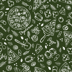 Seamless pattern of hand drawn line art white vegetarian pizza ingredients: bell pepper, tomatoes, cheese, onion, olive, basil.Pizza wheel and slices of fast food on dark green background