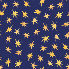 A lot of watercolor yellow stars as seamless pattern on violet backgound.Print bithday, b-day,christmas, new year cards,invitations.Aquarelle design elements